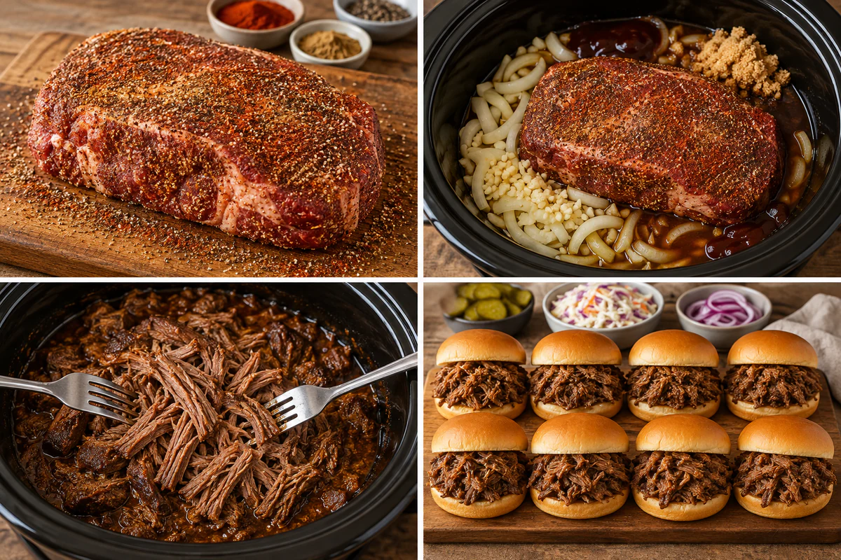 Four stages showing chuck roast seasoned, slow-cooked over onion and garlic, shredded into juices, and eight sandwiches assembled