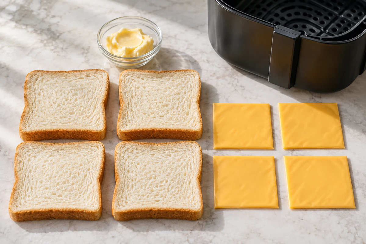 Four bread slices, four melting cheese slices, and two tablespoons softened butter beside an air-fryer basket