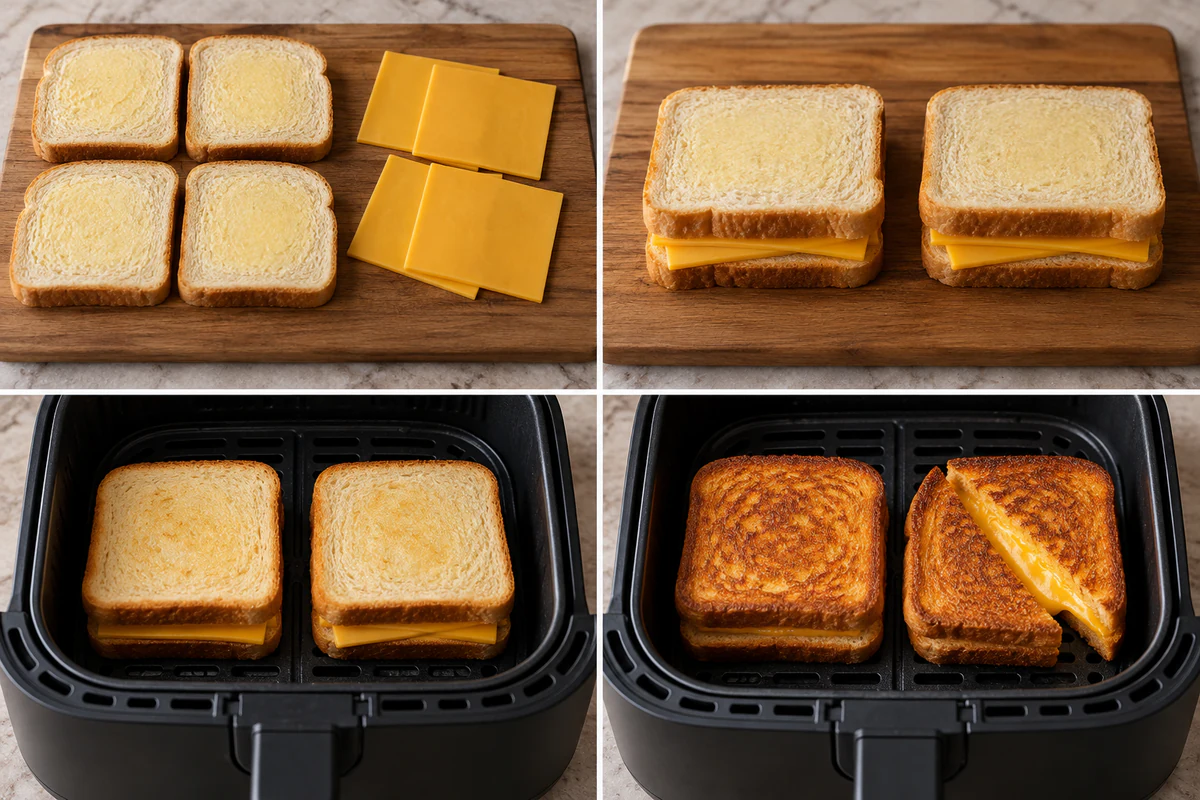 Four stages showing buttered bread and cheese, two sandwiches assembled, two sandwiches in an air fryer, and two sandwiches golden