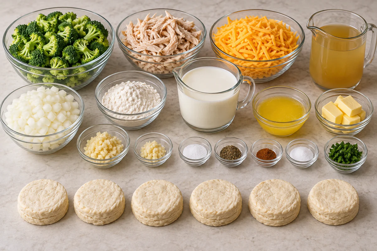 Broccoli, chicken, cheddar, broth, milk, onion, flour, butter, garlic, seasonings, parsley, and exactly six biscuits