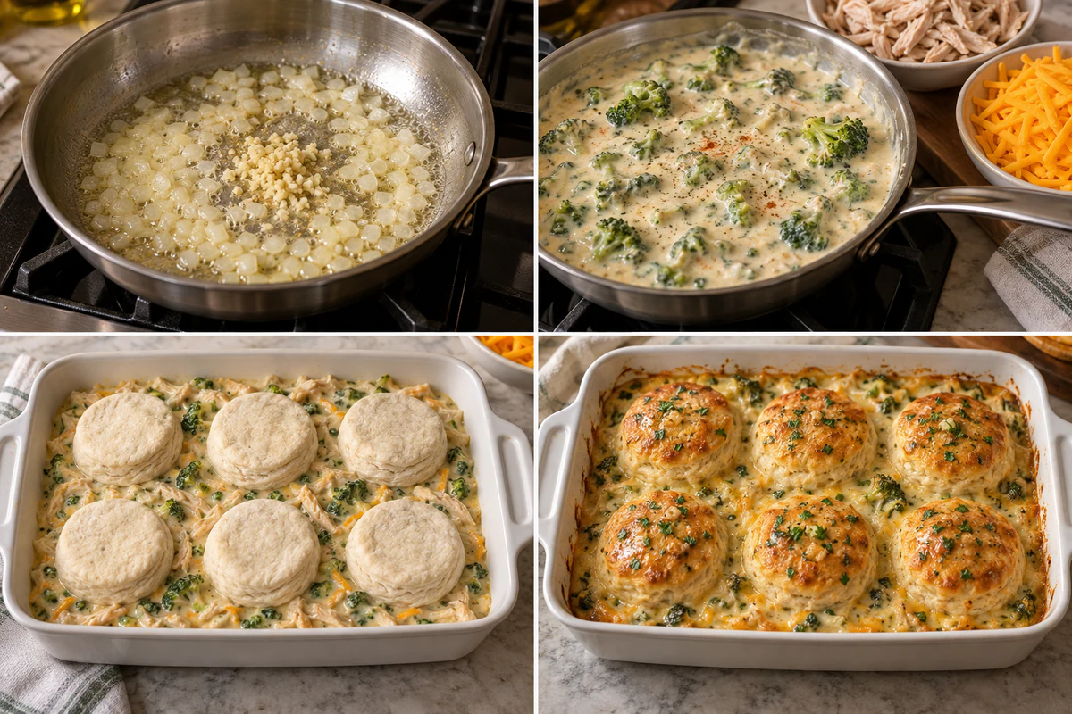 Four stages showing onion and garlic cooked, broccoli sauce simmered, six biscuits arranged on filling, and six biscuits baked golden