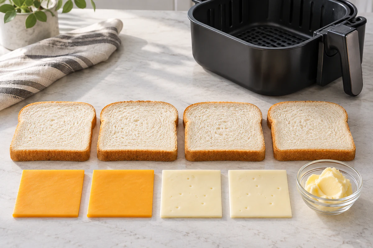 Four bread slices, two cheddar slices, two Havarti slices, and softened butter beside an air-fryer basket