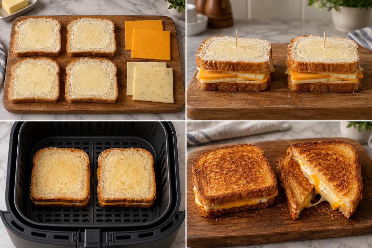 Four stages showing bread spread with butter, two two-cheese sandwiches assembled, two sandwiches air-fried, and two sandwiches golden