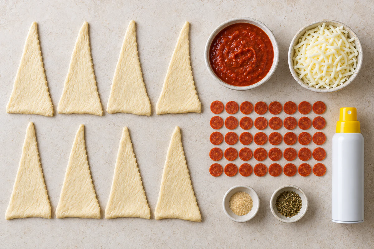 Eight crescent dough triangles with pizza sauce, mozzarella, mini pepperoni, garlic powder, Italian seasoning, and cooking spray