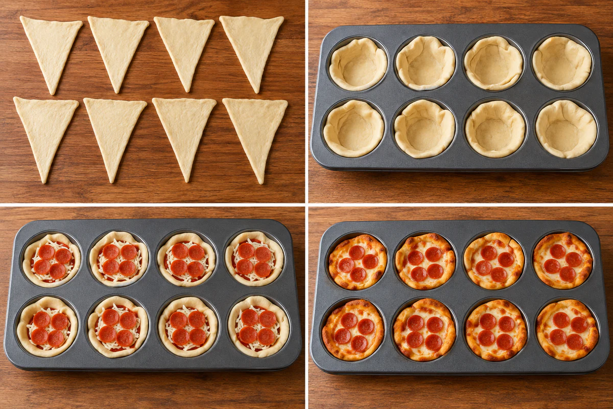 Four stages showing eight crescent triangles, eight dough-lined muffin cups, eight filled cups, and eight baked pizza cupcakes