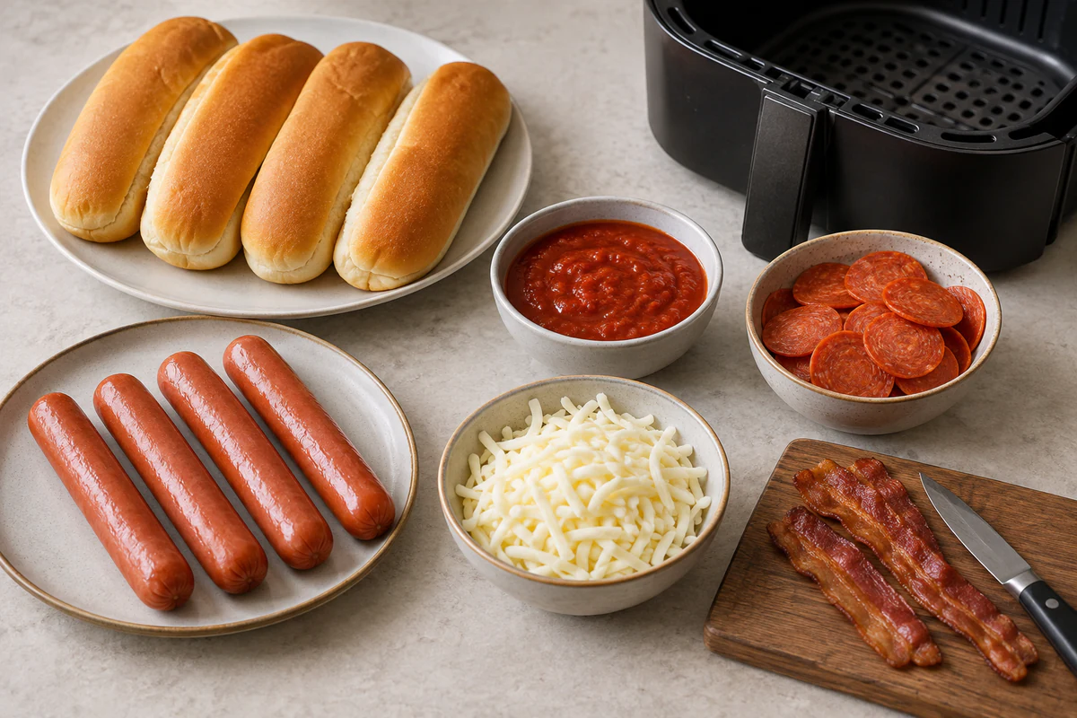 Four hot dogs, four buns, pizza sauce, pepperoni, mozzarella, and exactly two cooked bacon strips
