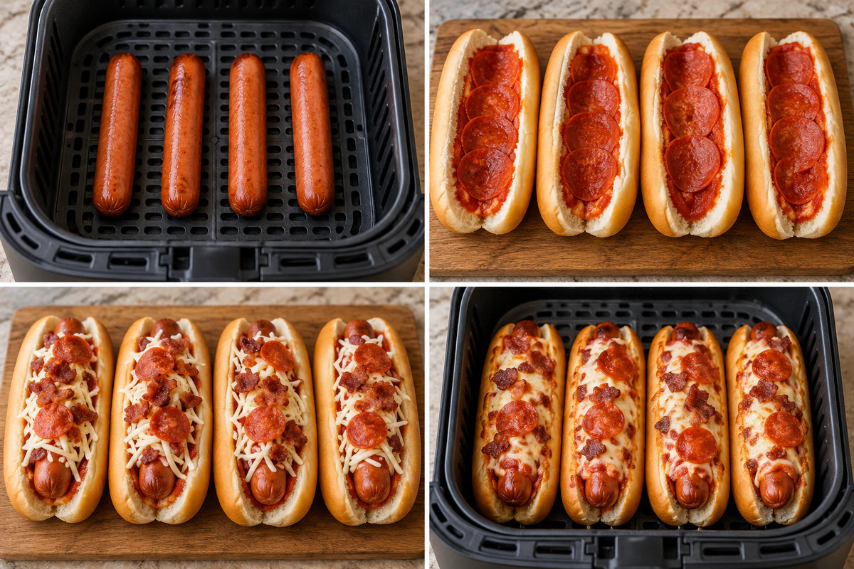 Four stages showing four hot dogs cooked, four buns lined with sauce and pepperoni, four pizza dogs topped, and four pizza dogs air-fried