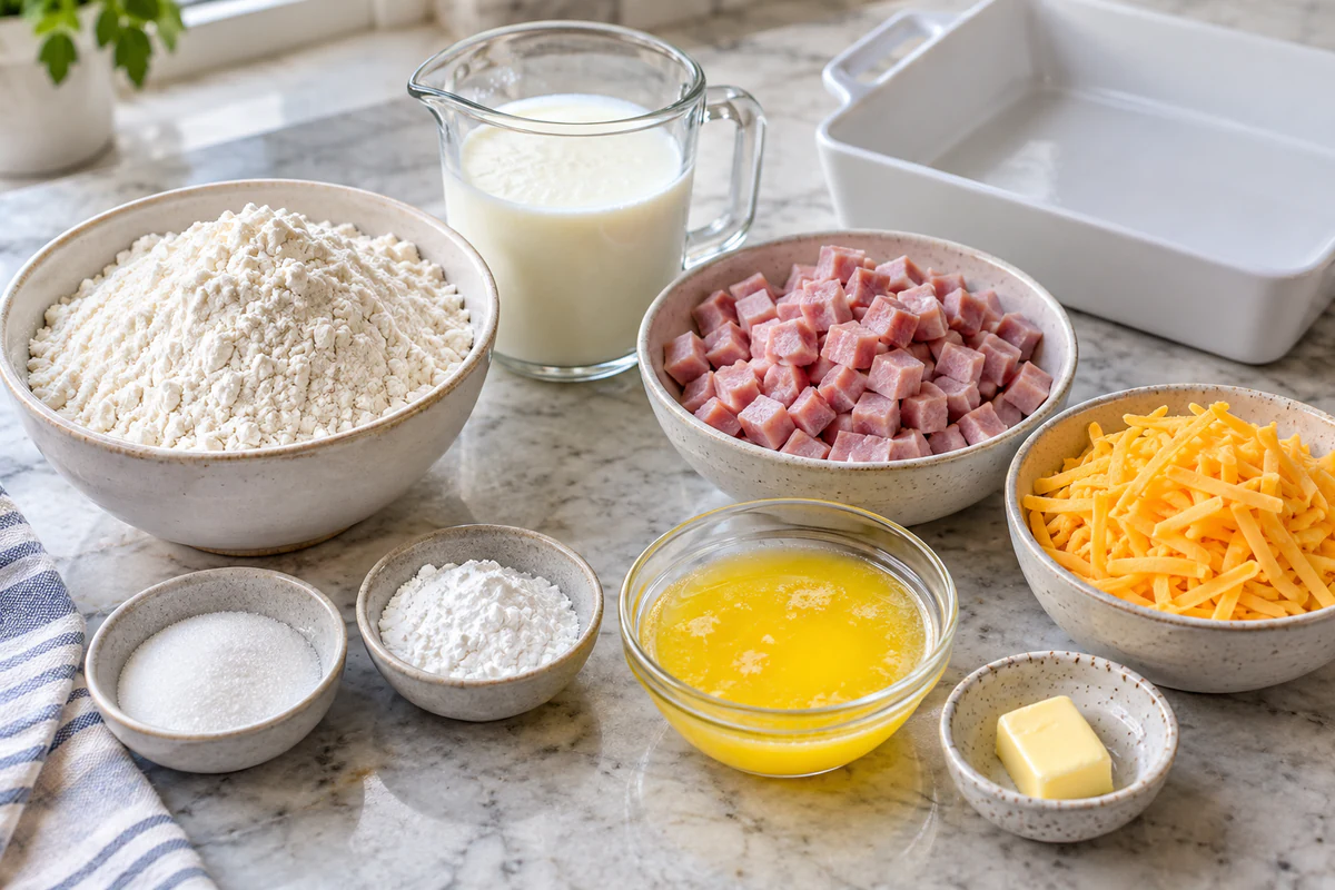 Flour, sugar, baking powder, buttermilk, diced ham, cheddar, and melted salted butter beside a square baking dish