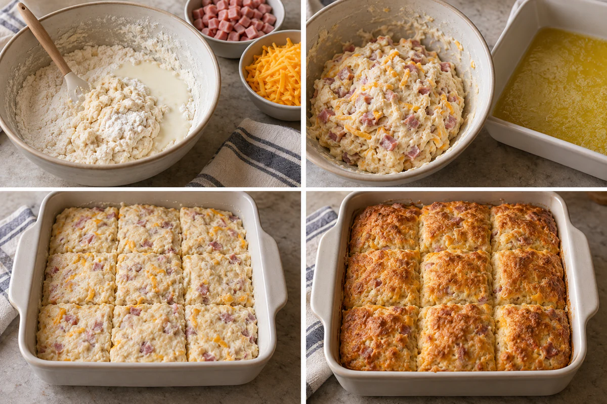 Four stages showing biscuit dough mixed, ham and cheddar folded in, dough scored into nine squares, and nine biscuits baked golden