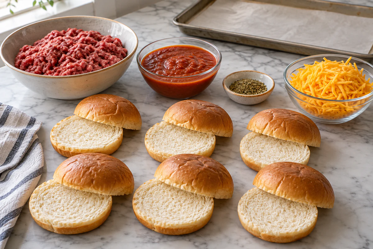 Ground beef, pizza sauce, Italian seasoning, six split hamburger buns, and shredded sharp cheddar