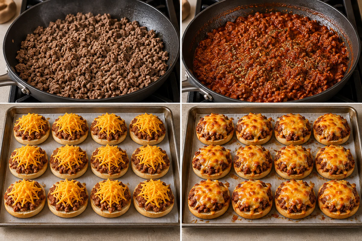 Four stages showing beef browned, pizza sauce stirred in, twelve bun halves topped, and twelve pizza burgers baked