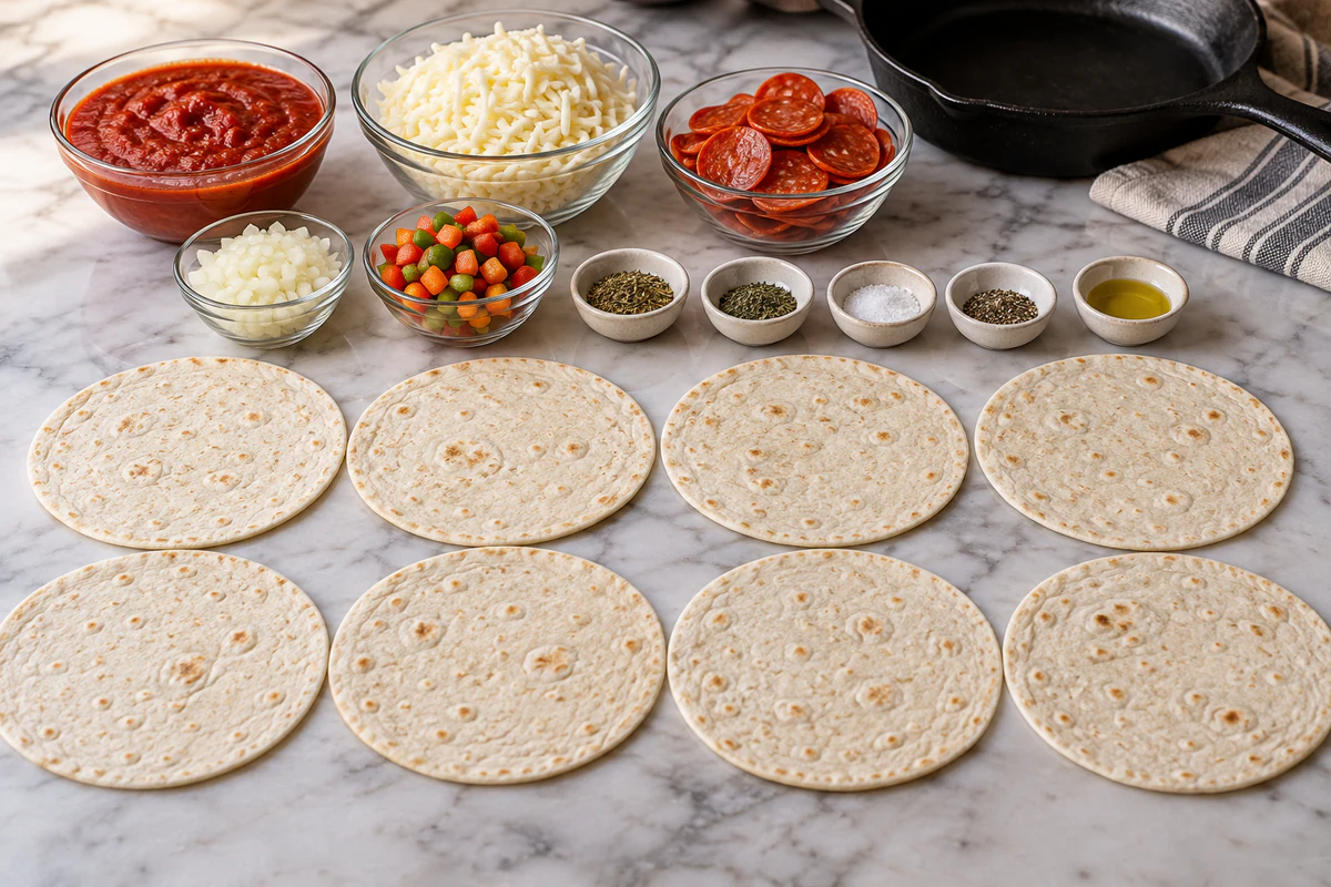 Eight flour tortillas with sauce, mozzarella, pepperoni, diced onion and peppers, oil, and seasonings