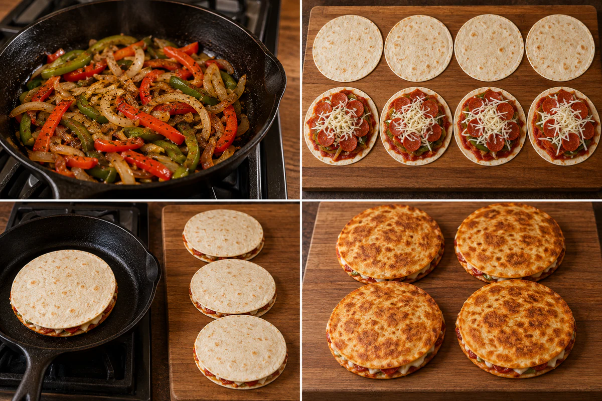 Four stages showing vegetables sautéed, four tortillas filled and four ready as tops, quesadillas cooked one at a time, and four rounds golden