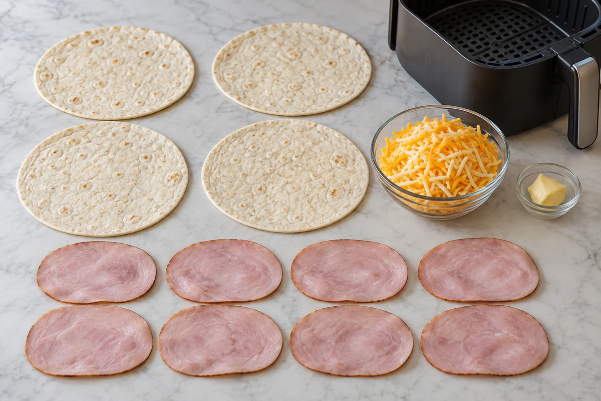Four eight-inch tortillas, eight ham slices, two cups cheddar Jack cheese, and one tablespoon softened butter