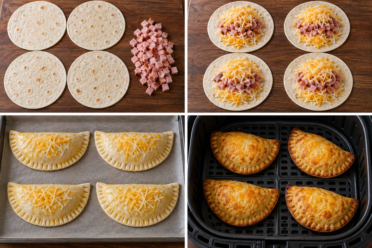 Four chronological stages showing four tortillas filled, edges folded, pockets buttered and cheesed, then air fried golden