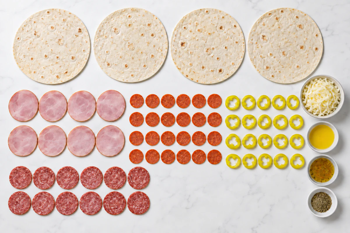 Four tortillas, mozzarella, butter, eight ham slices, twelve salami slices, twenty-four pepperoni, twenty banana pepper rings, dressing, and seasoning
