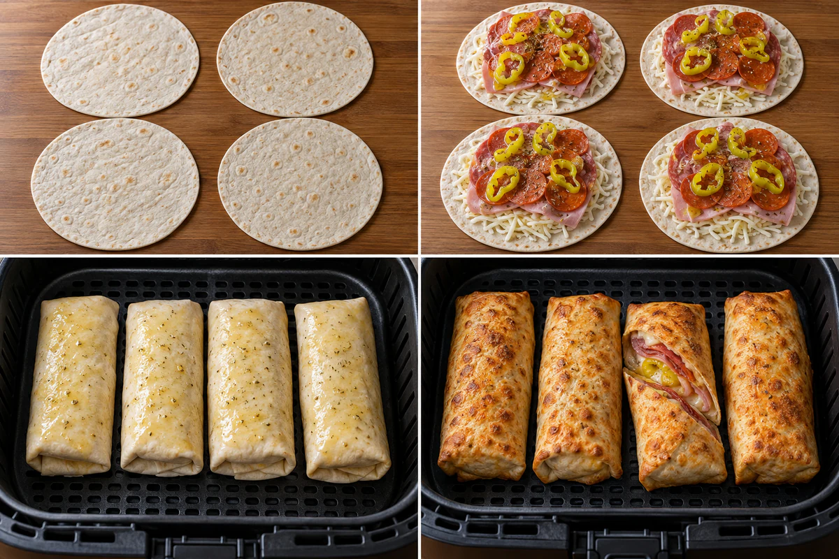 Four stages showing tortillas layered with measured Italian meats, folded tightly, buttered, and air fried crisp