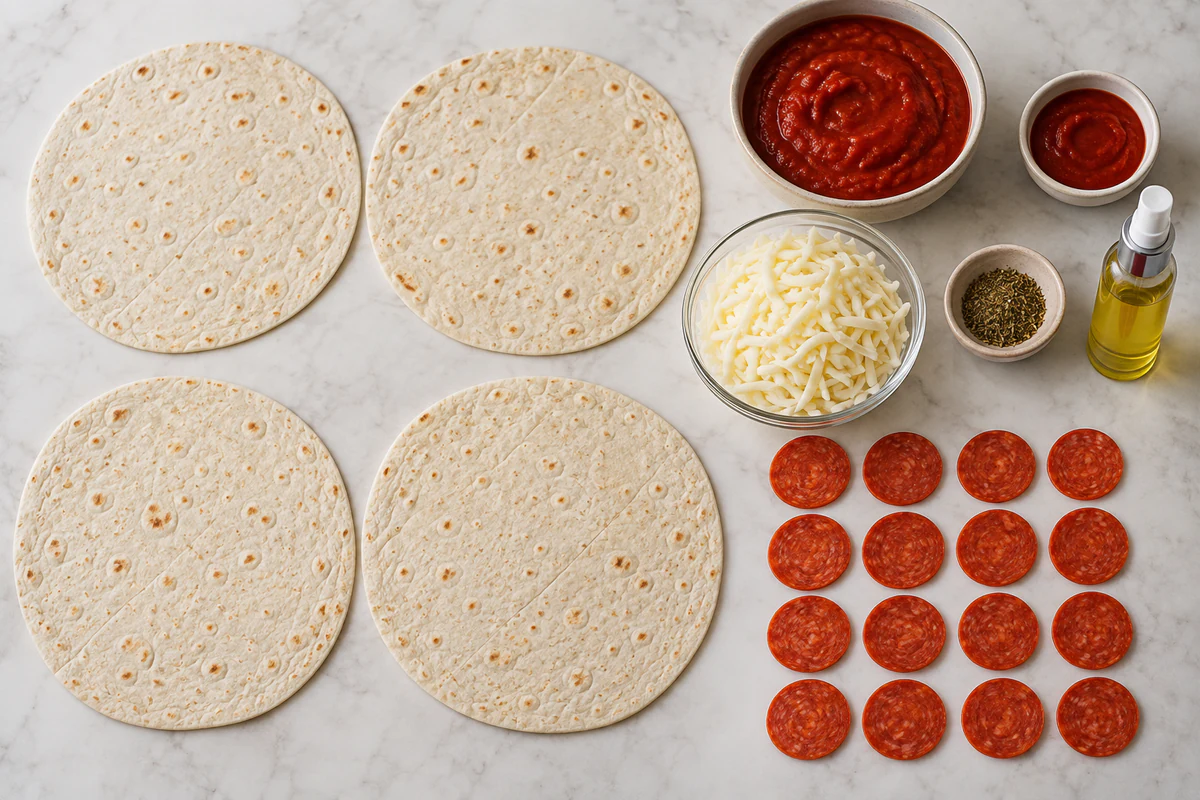 Four low-carb tortillas, pizza sauce, mozzarella, sixteen pepperoni slices, Italian seasoning, and olive-oil spray