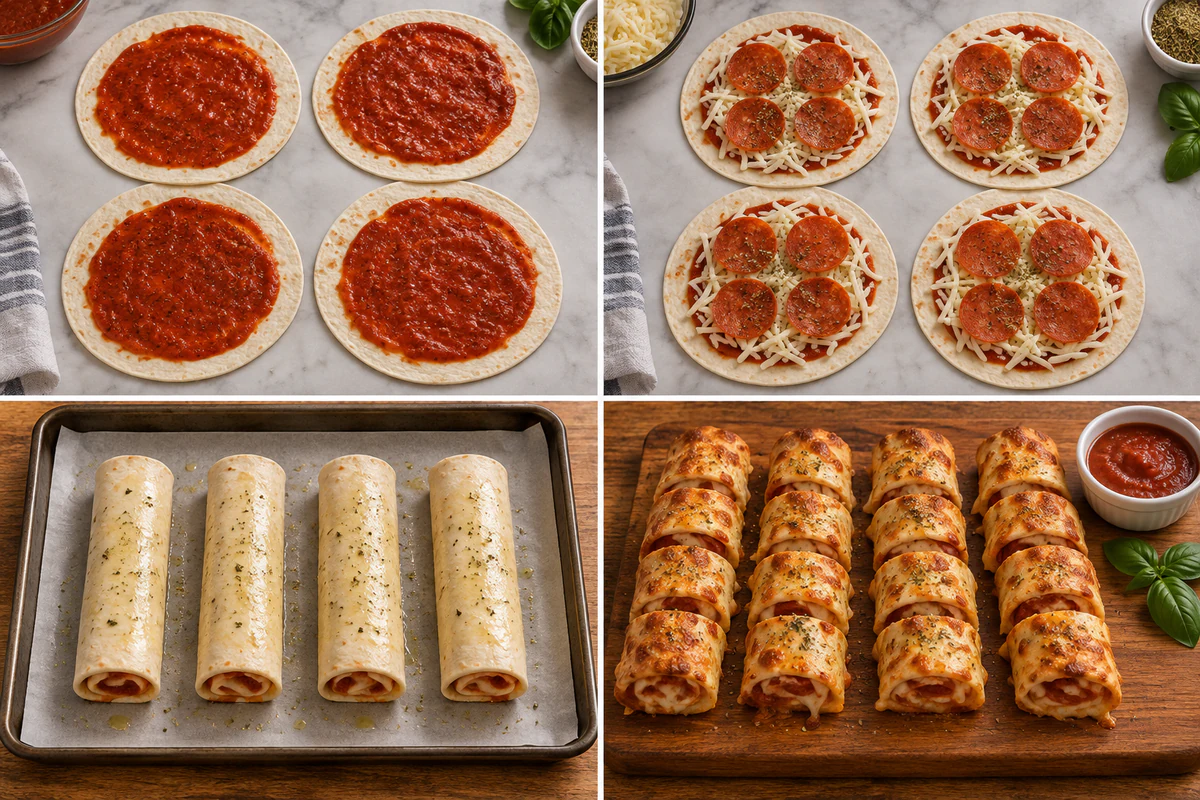 Four stages showing four tortillas sauced, topped with four pepperoni each, rolled, baked, and sliced