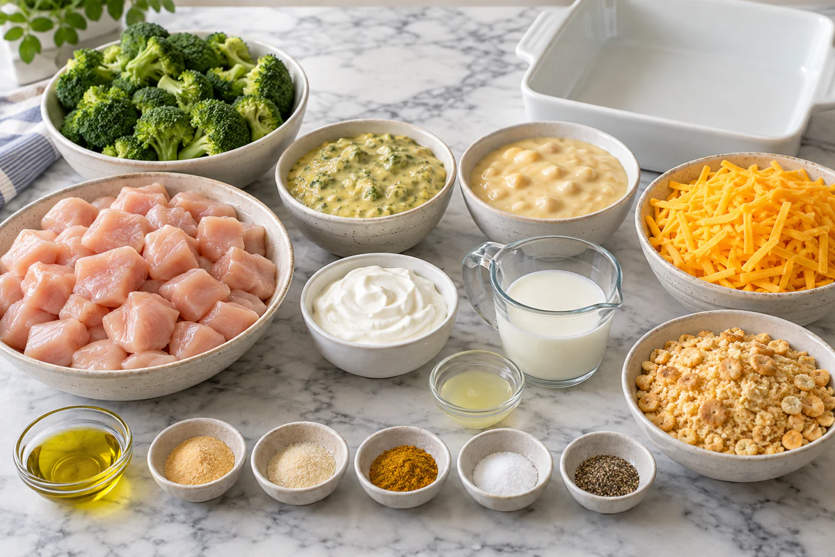 Cubed chicken, broccoli, seasonings, two condensed soups, sour cream, milk, lemon, cheddar, crackers, and olive oil
