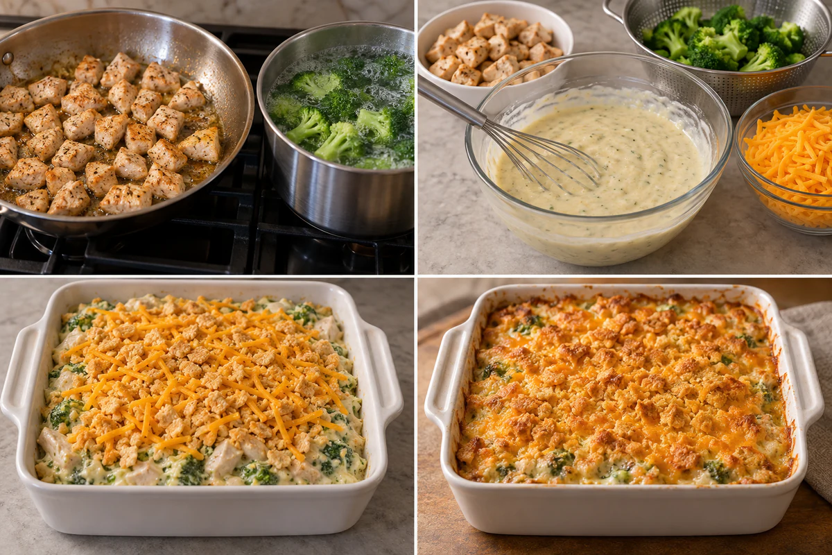 Four stages showing chicken cooked and broccoli blanched, sauce mixed, casserole topped, and golden Chicken Divan baked