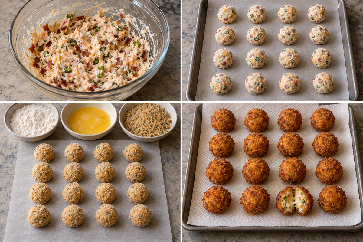 Four chronological stages showing jalapeño filling mixed, 16 balls frozen, bites breaded, and batches fried golden