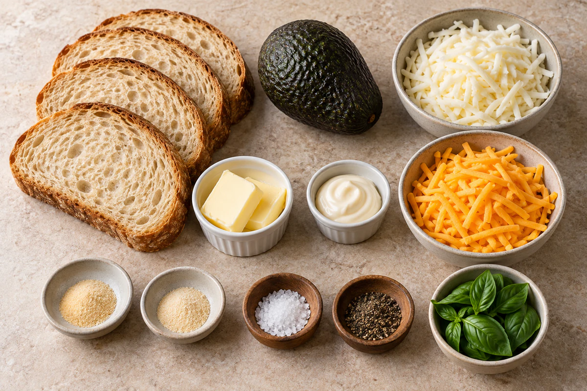 Four bread slices, one avocado, mozzarella, cheddar, butter, mayonnaise, seasonings, and basil