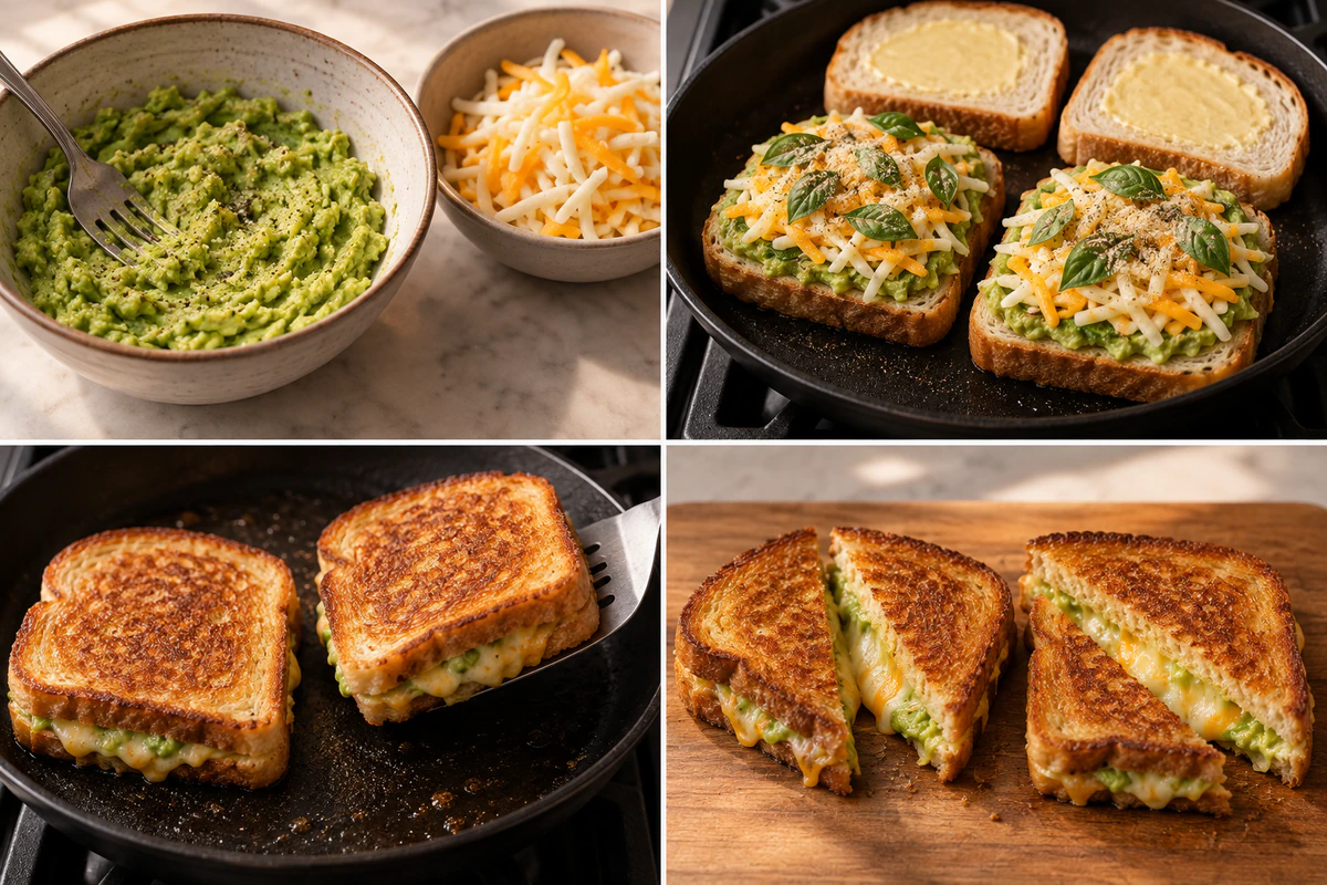 Four stages showing avocado mashed, two sandwiches built, two sandwiches grilled, and two finished sandwiches sliced