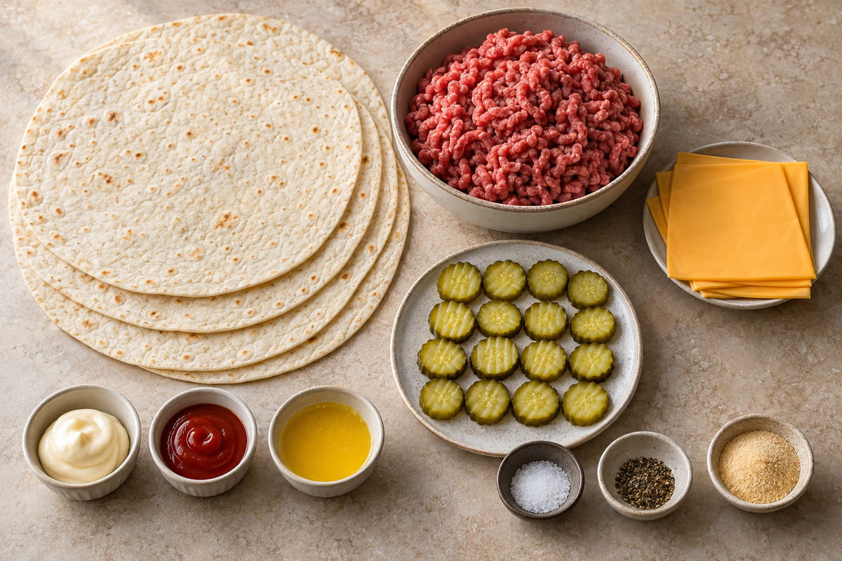 Four large tortillas, one pound ground beef, four cheese slices, sixteen pickles, mayonnaise, ketchup, butter, and seasonings