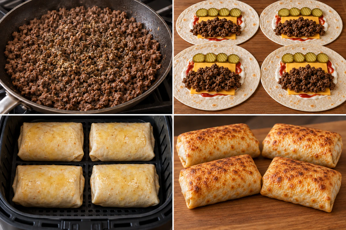 Four stages showing beef cooked, four wraps filled, four wraps air fried, and four crisp cheeseburger wraps finished
