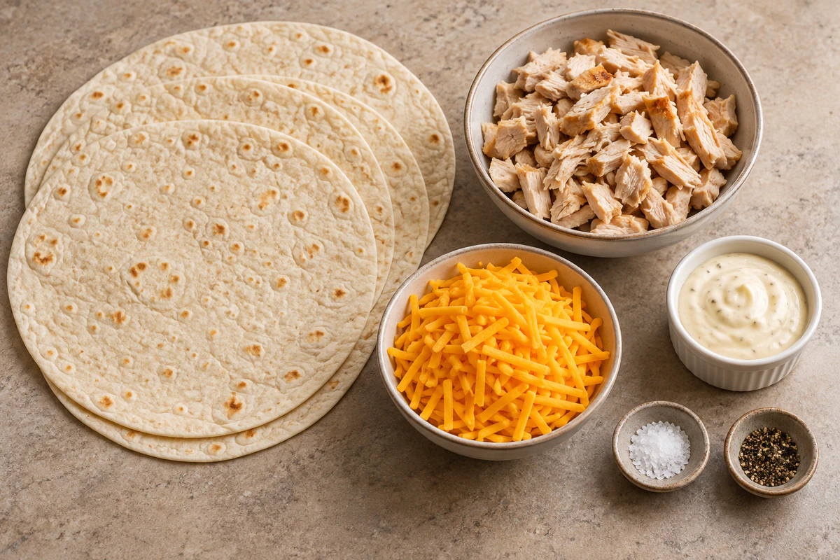 Four tortillas, two cups cooked chicken, half cup garlic aioli, one cup sharp cheddar, salt, and pepper
