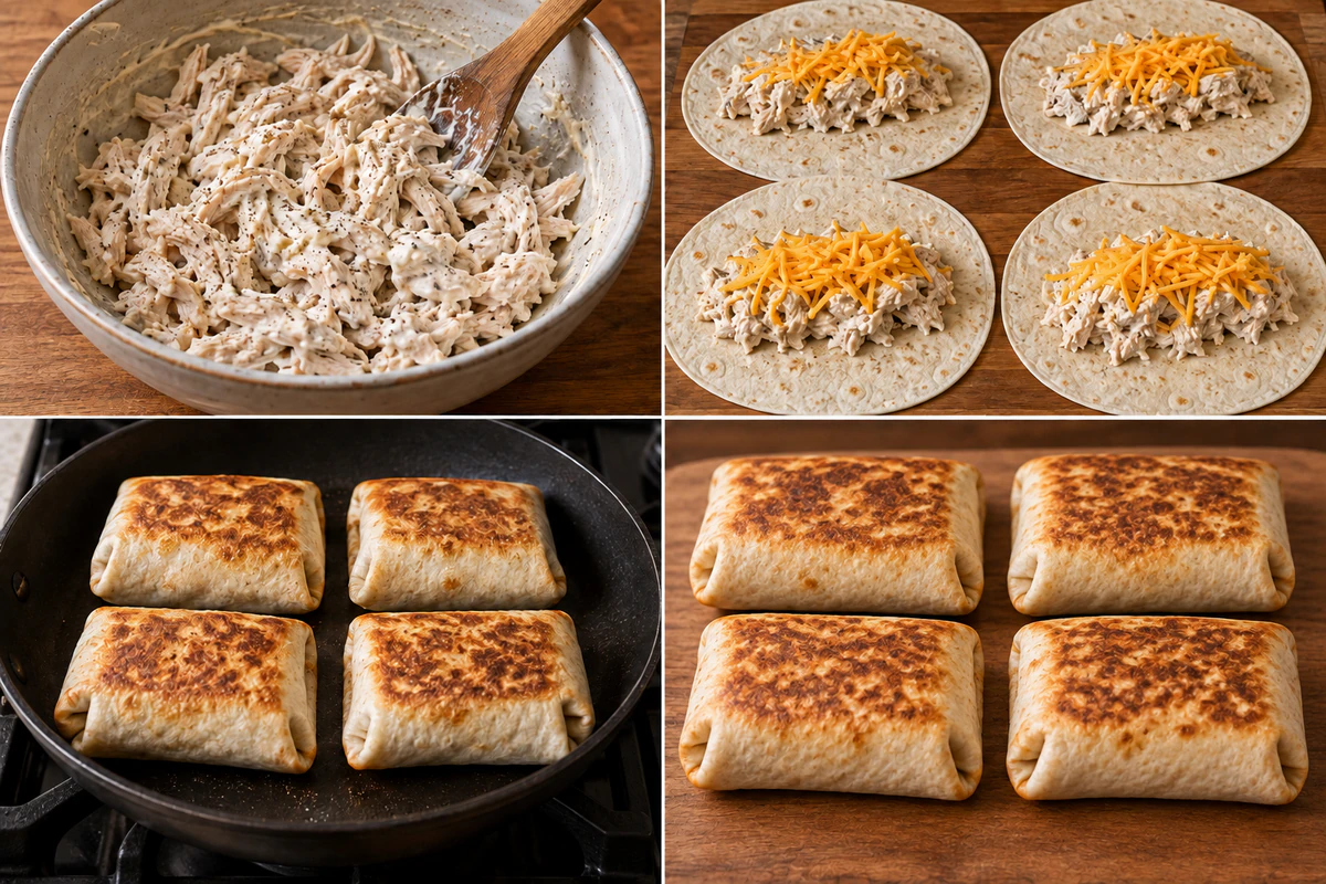 Four stages showing chicken mixed with aioli, four tortillas filled, four wraps browned, and four finished wraps