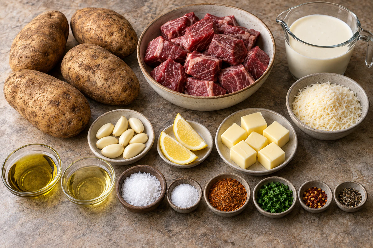 Four russet potatoes, steak, garlic, butter, oils, salts, Cajun seasoning, cream, Parmesan, parsley, lemon, pepper flakes, and black pepper