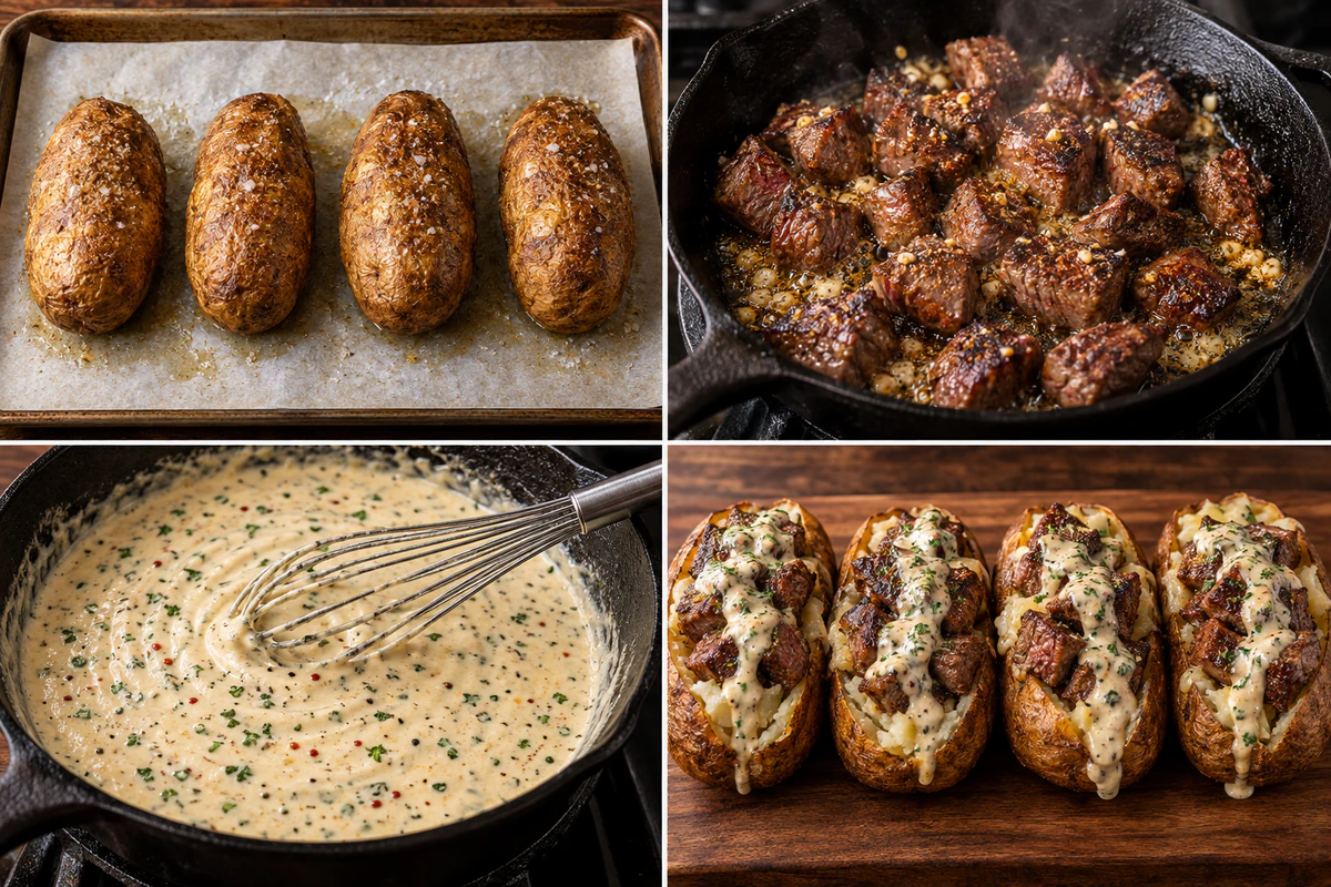 Four stages showing four potatoes baked, steak bites seared, Parmesan cream sauce whisked, and four loaded potatoes finished