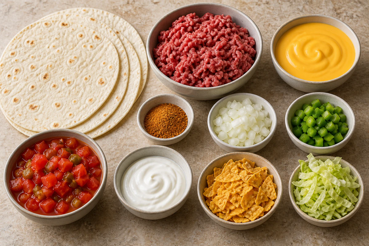 Four tortillas, ground beef, taco seasoning, onion, green pepper, tomato chilies, nacho cheese, sour cream, Doritos, and lettuce