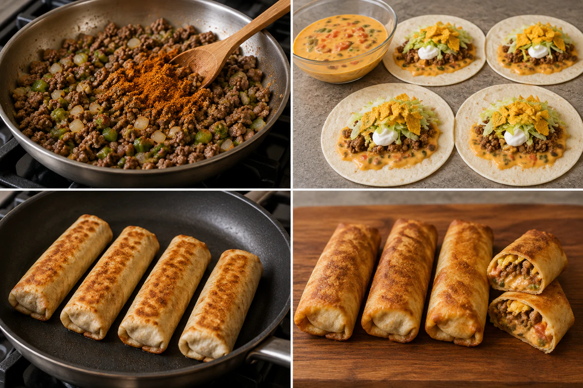 Four stages showing beef and vegetables cooked, four tortillas filled, four rolls browned, and four nacho rolls finished