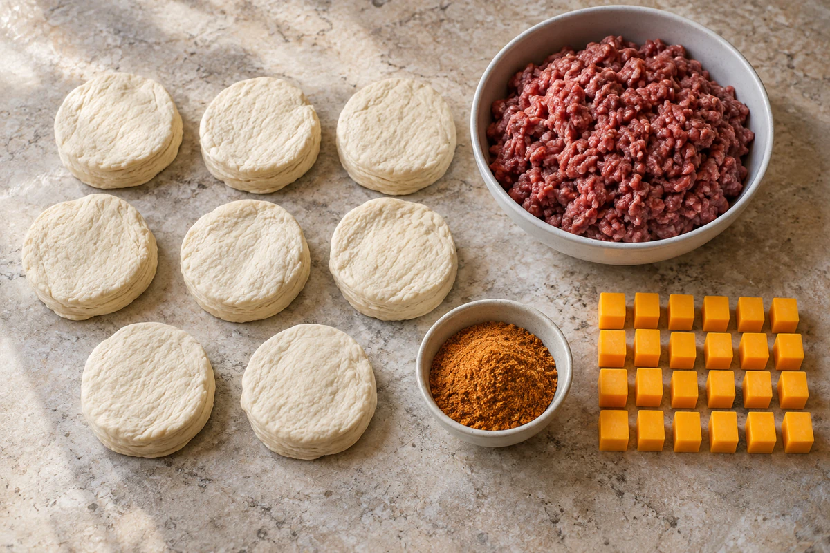 Eight refrigerated biscuit portions, one pound ground beef, taco seasoning, and twenty-four cheddar cubes