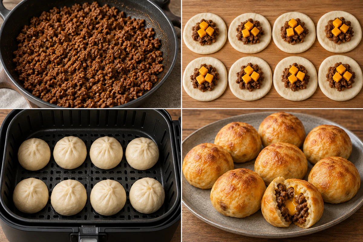 Four stages showing taco beef cooked, eight biscuits filled with beef and cheese, eight balls sealed, and eight bombs air fried