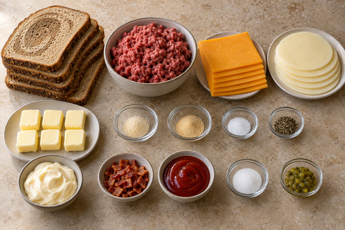 Six rye bread slices, ground beef, six cheddar, six provolone, butter, seasonings, mayonnaise, bacon, ketchup, sugar, and relish