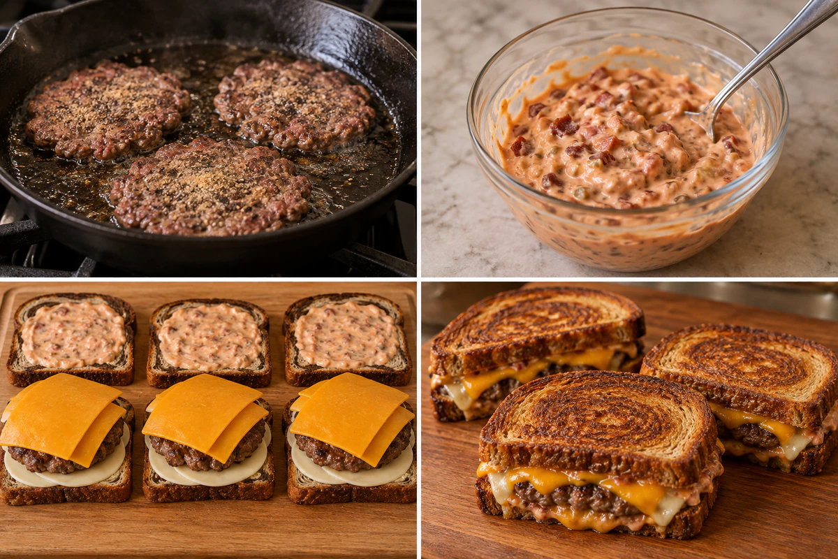 Four stages showing three patties cooked, special sauce mixed, three sandwiches layered, and three patty melts grilled
