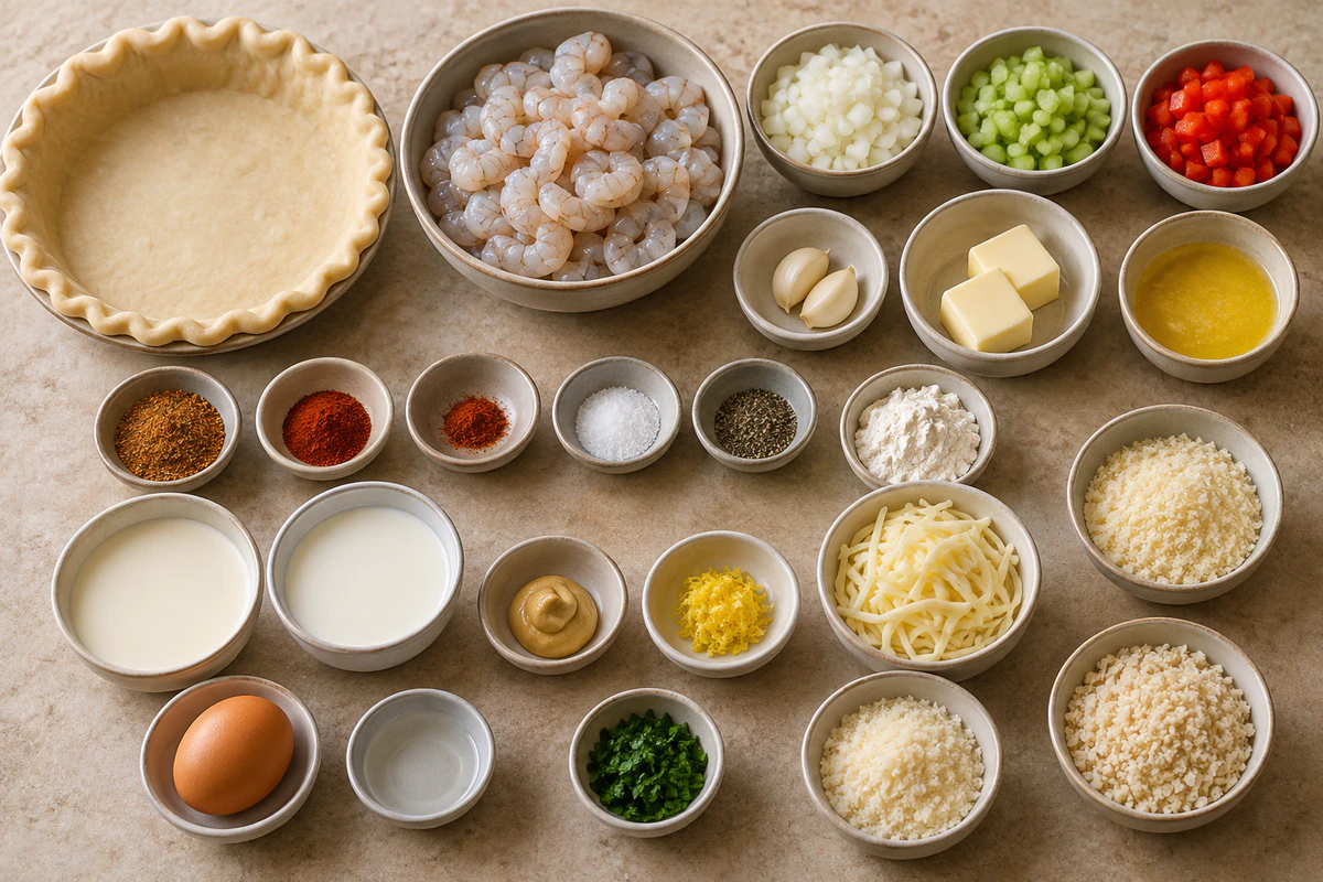 Pie crust, egg wash, chopped shrimp, vegetables, butter, seasonings, flour, cream, milk, Dijon, lemon zest, cheeses, panko, and parsley