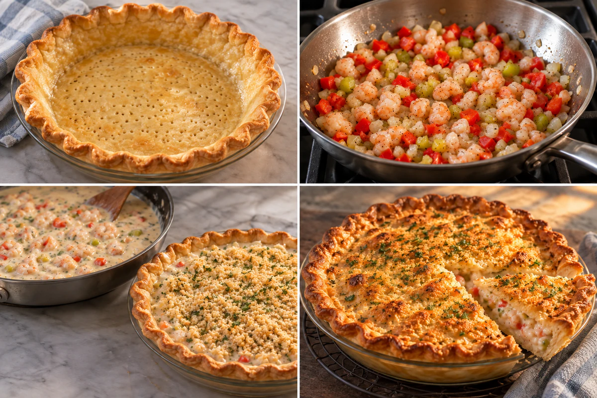 Four stages showing crust pre-baked, chopped shrimp and vegetables cooked, creamy filling topped, and one shrimp pie baked golden