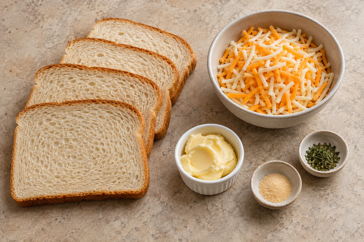 Four bread slices, softened butter, garlic powder, dried parsley, and one cup mozzarella cheddar blend