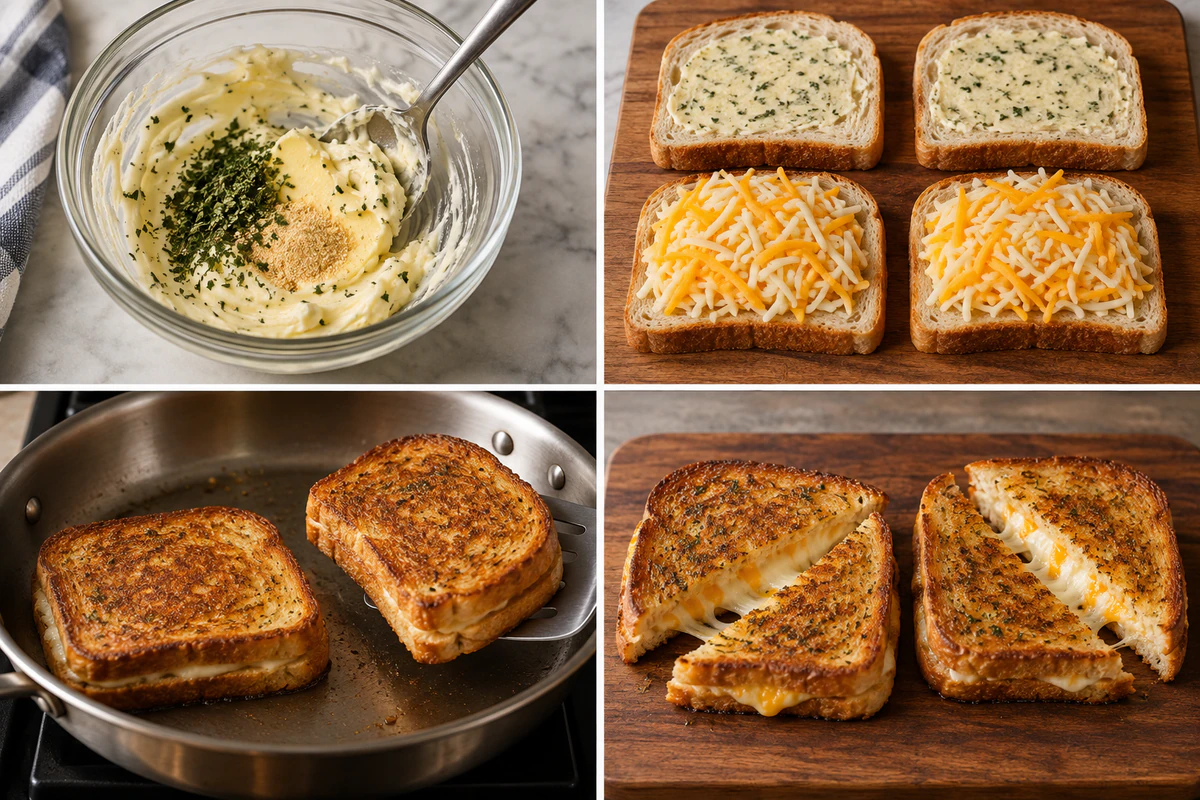 Four stages showing garlic butter mixed, two sandwiches assembled, two sandwiches grilled, and two sliced sandwiches finished