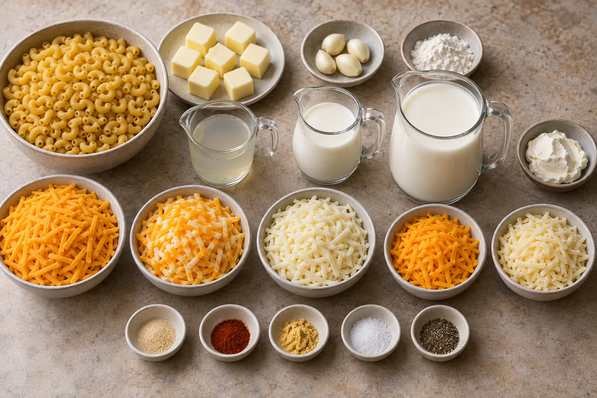 Pasta, butter, garlic, flour, pasta water, cream, half and half, cream cheese, five cheeses, and seasonings