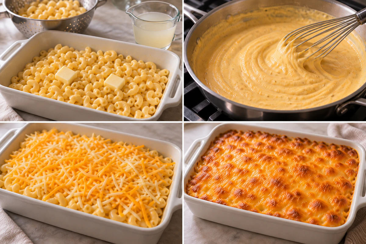 Four stages showing pasta buttered, five-cheese sauce whisked, casserole topped, and mac and cheese baked golden