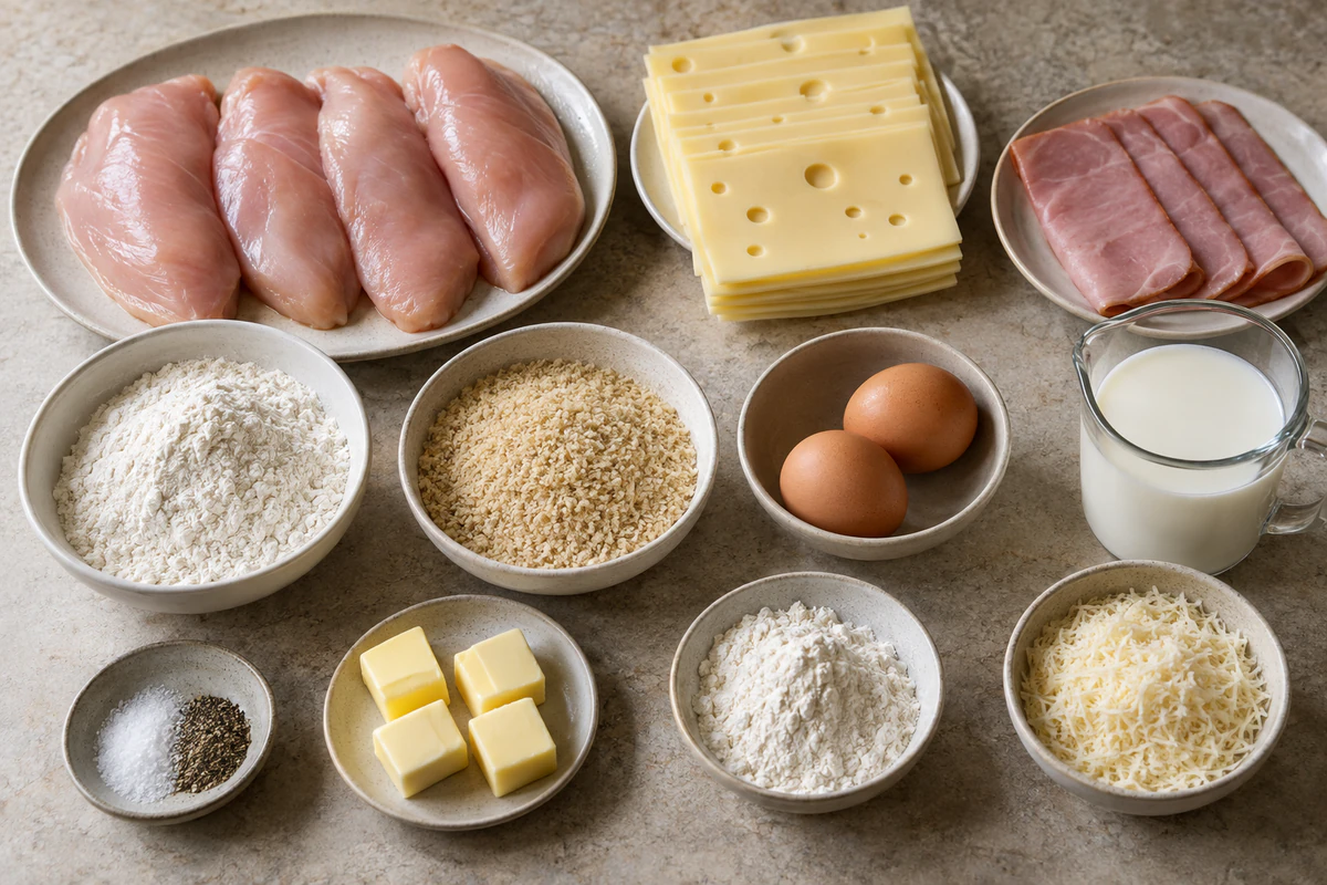 Four chicken breasts, eight Swiss slices, four ham slices, salt, pepper, eggs, flour, breadcrumbs, butter, milk, and Parmesan