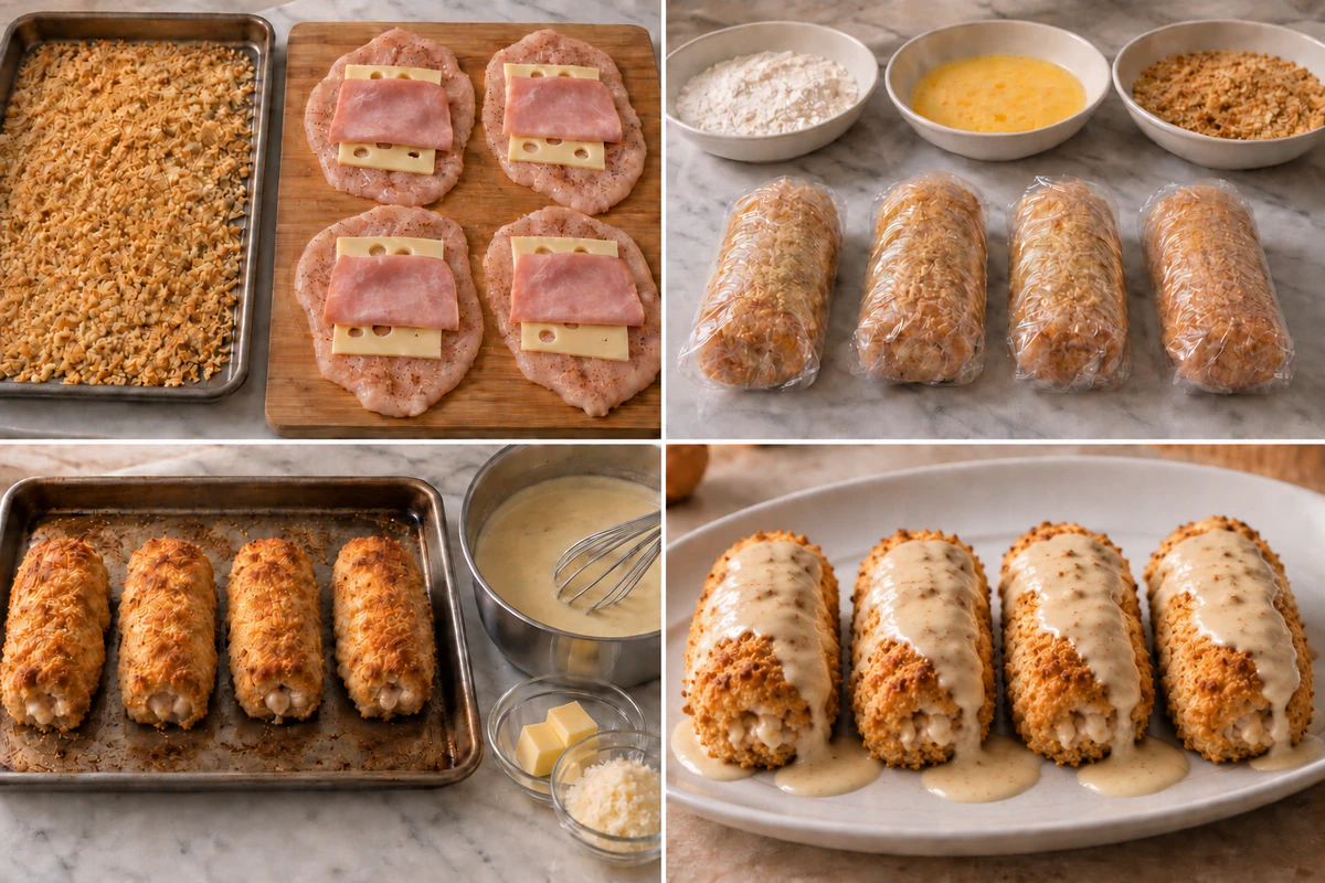 Four stages showing four chicken breasts filled with Swiss and ham, four breaded rolls chilled, four rolls baked, and four finished rolls with Parmesan sauce
