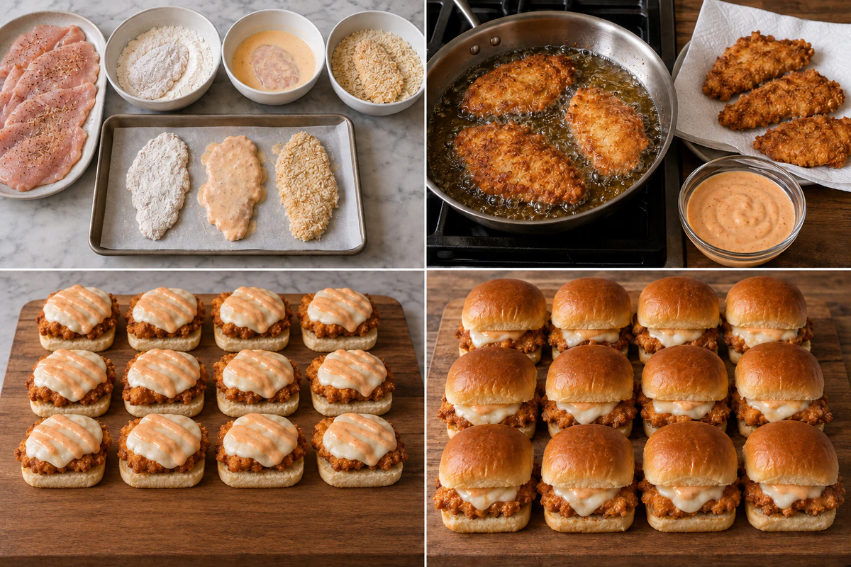 Four stages showing seasoned chicken breaded in three bowls, cutlets fried golden, twelve open sliders assembled, and twelve finished sliders