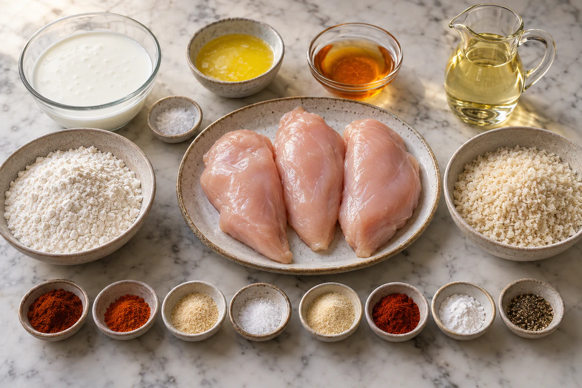 Three chicken breasts, buttermilk, butter, honey, flour, panko, canola oil, salt, smoked paprika, cayenne, garlic powder, baking powder, and pepper